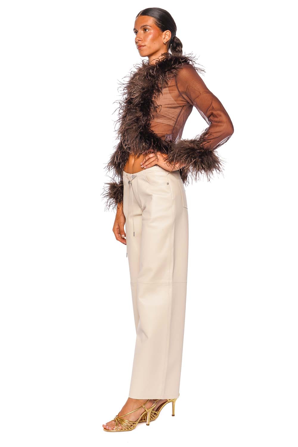 Bubish Gigi Sheer Chocolate Feather Trim Blouse
