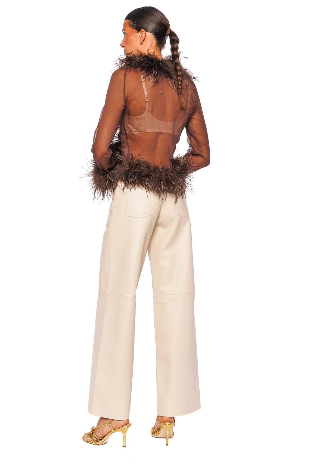 Bubish Gigi Sheer Chocolate Feather Trim Blouse