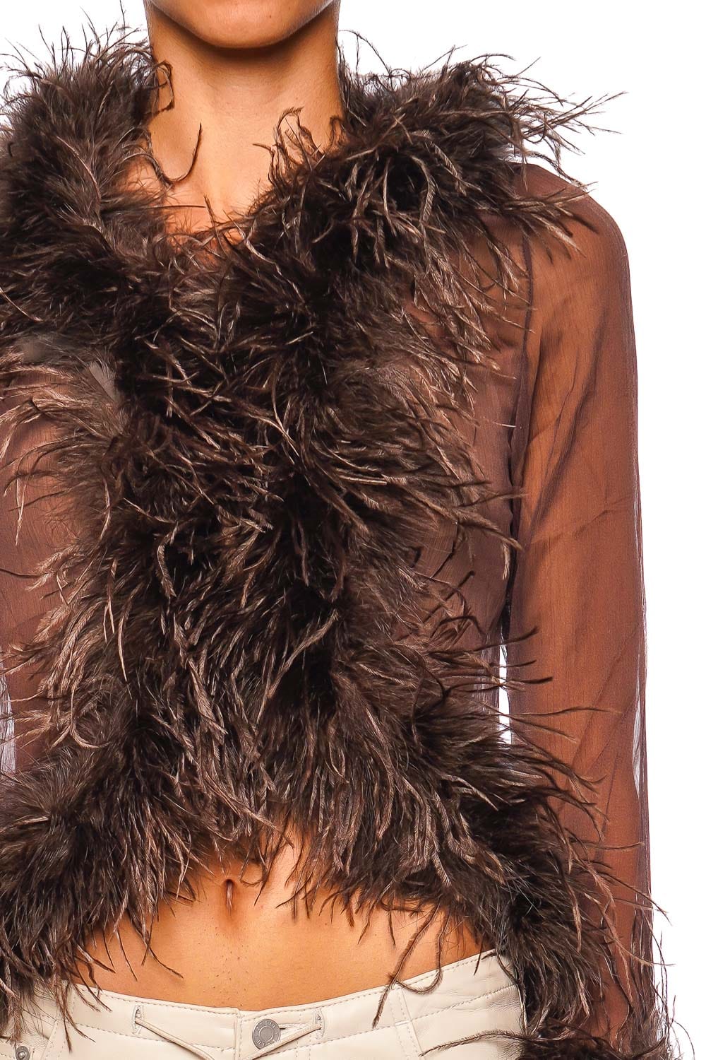 Bubish Gigi Sheer Chocolate Feather Trim Blouse