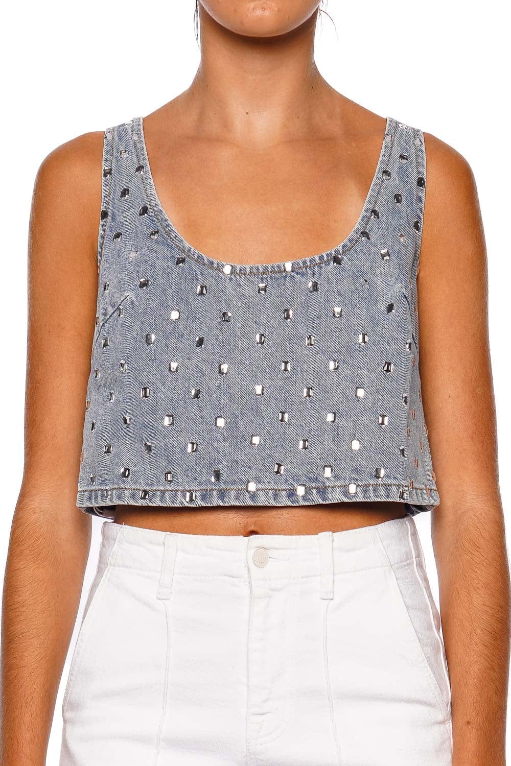 self-portrait Square Rhinestone Denim Cropped Top