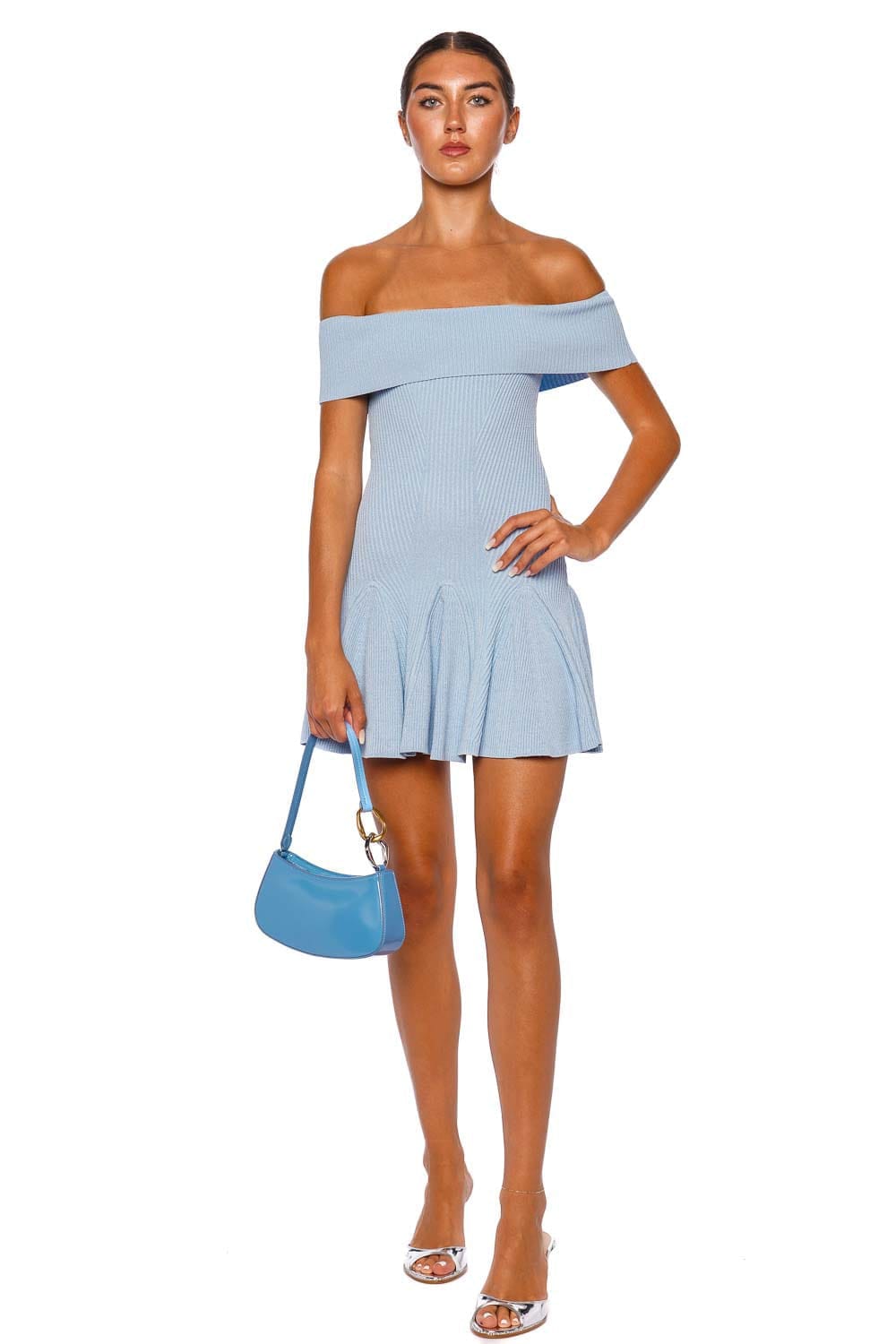 Retrofête Erica Metallic Blue Off Shoulder Mini Dress