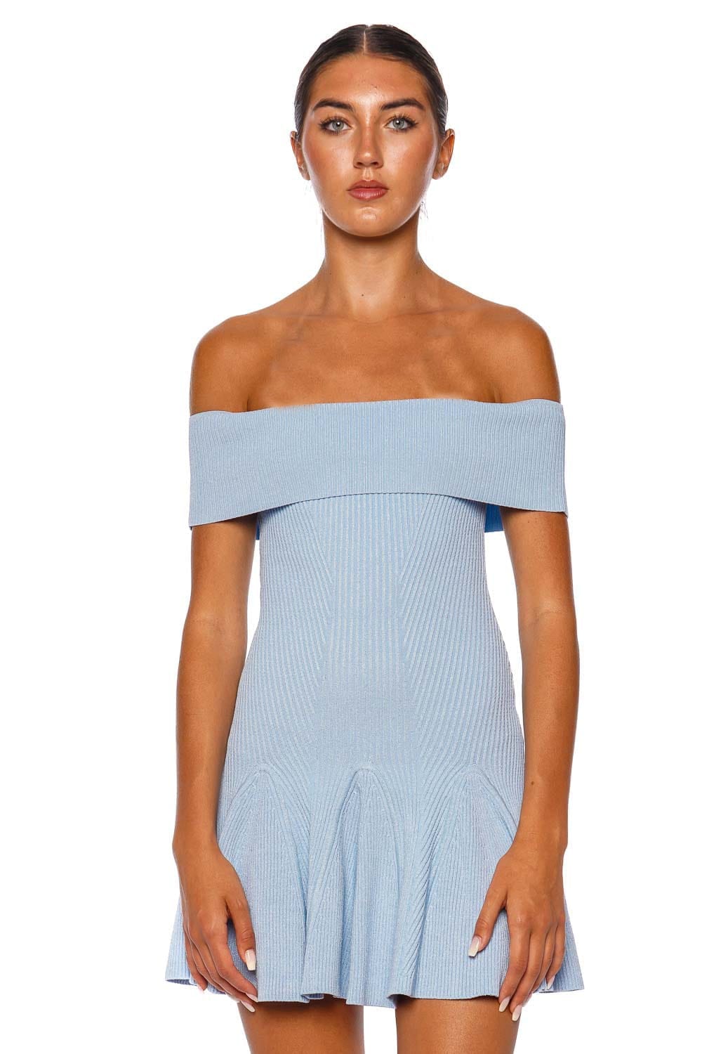 Retrofête Erica Metallic Blue Off Shoulder Mini Dress