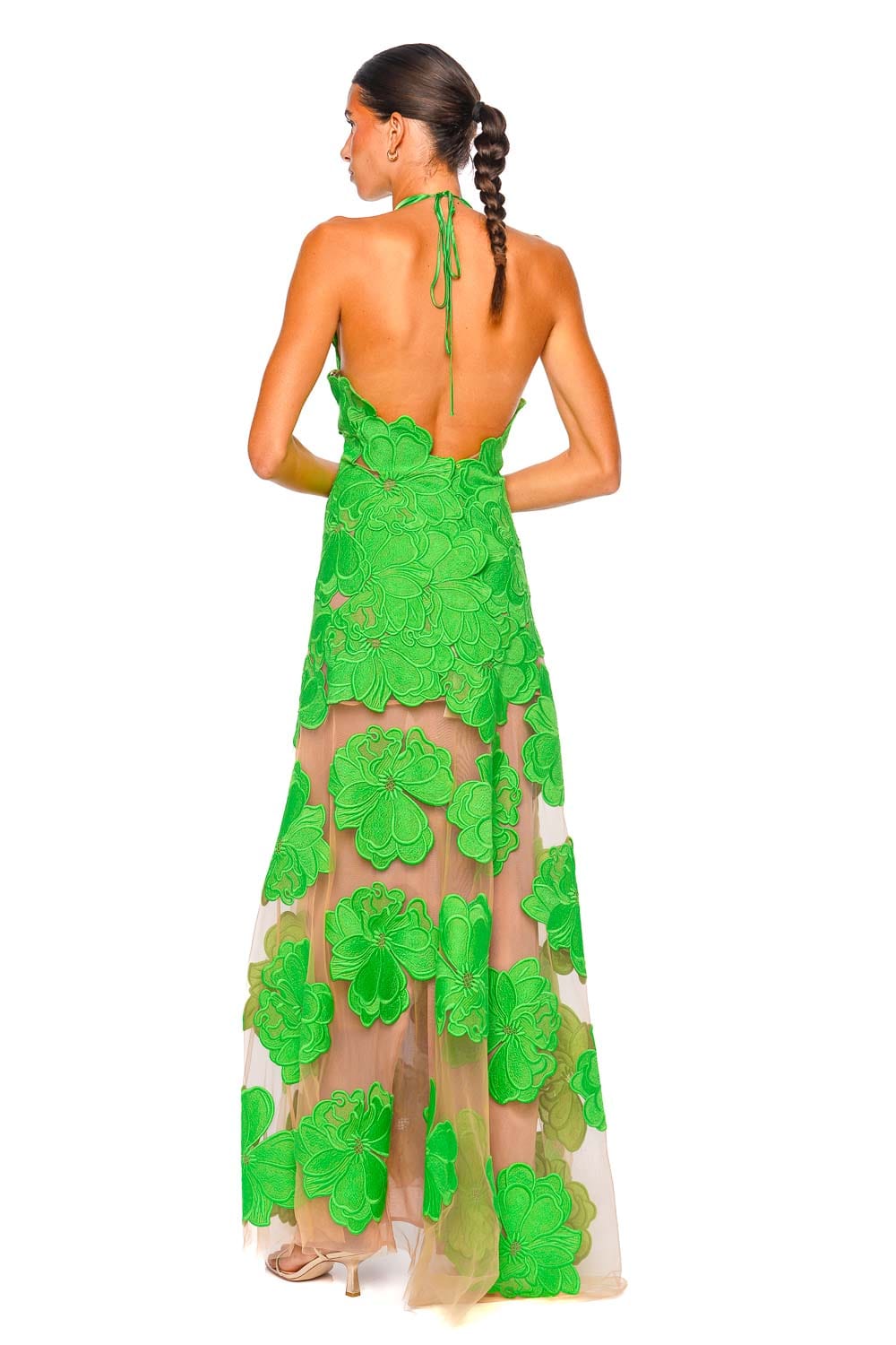 Mab Green Floral Lace Halter Maxi Dress