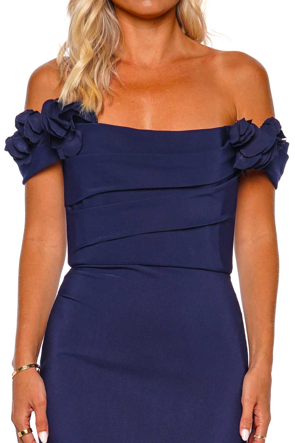 Marchesa Navy Off Shoulder Stretch Crepe Gown