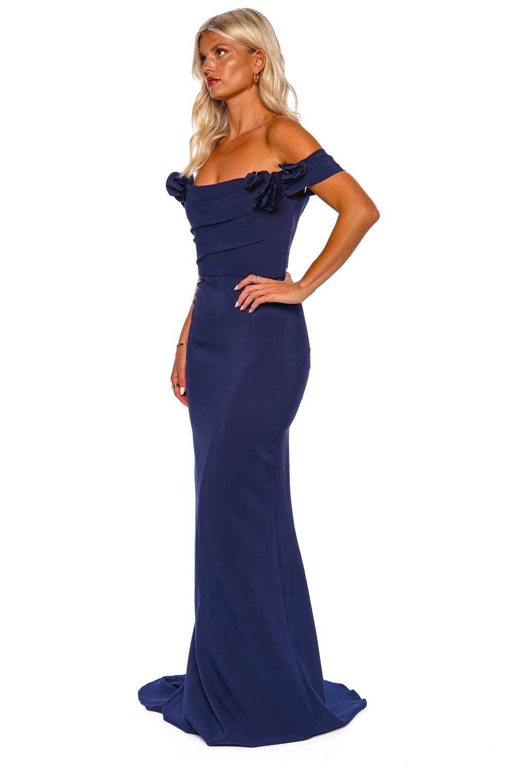 Marchesa Navy Off Shoulder Stretch Crepe Gown