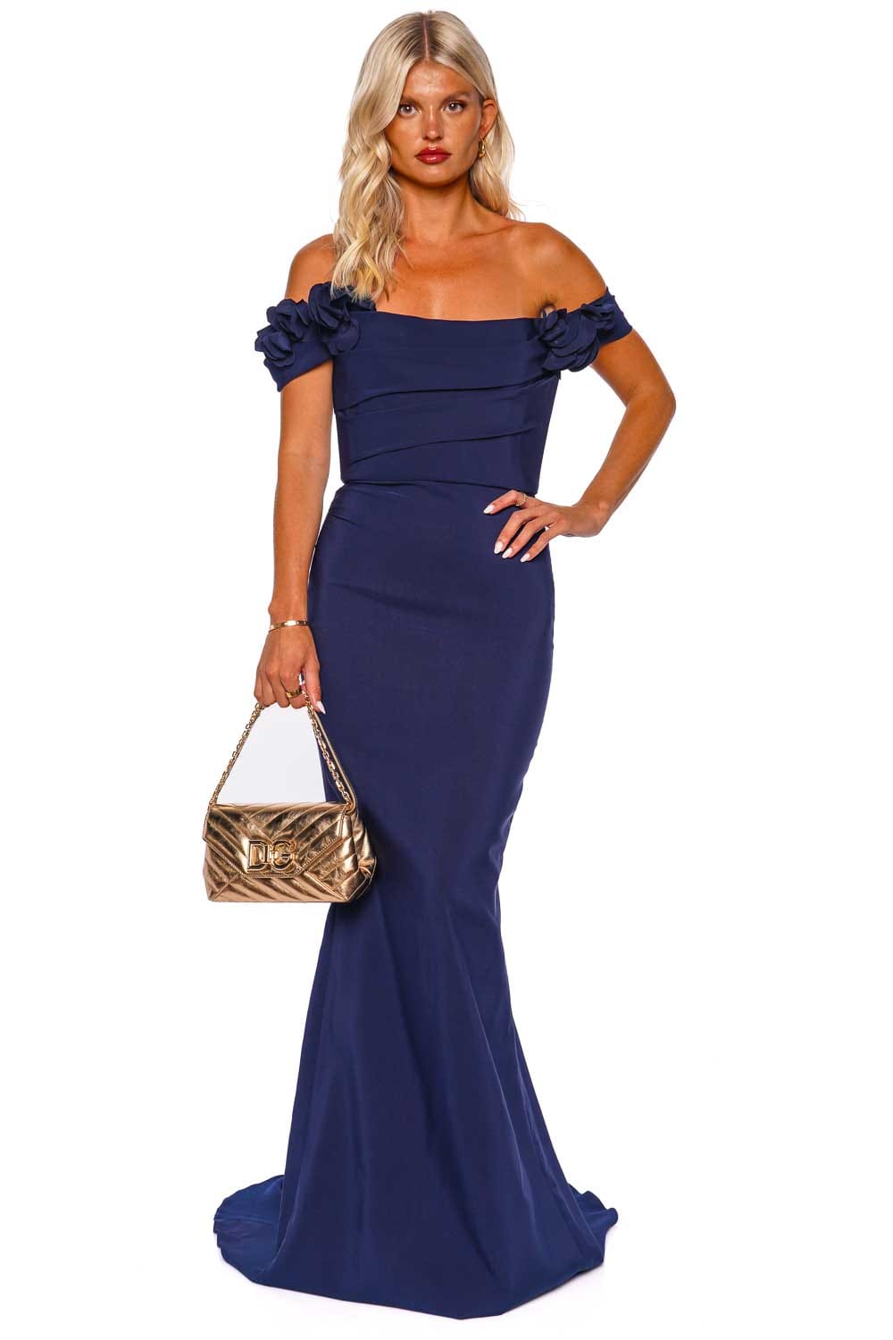 Marchesa Navy Off Shoulder Stretch Crepe Gown