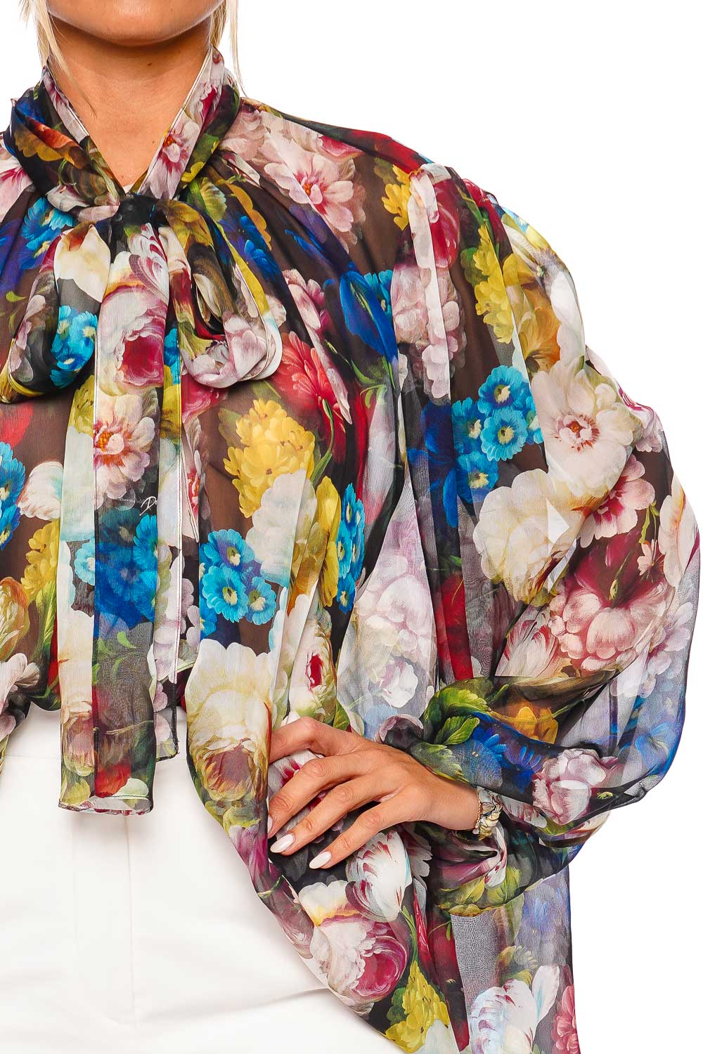 Dolce & Gabbana Flower Power Silk Tie Neck Blouse