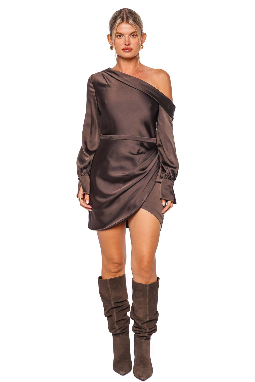 Cameron Chocolate One Shoulder Mini Dress