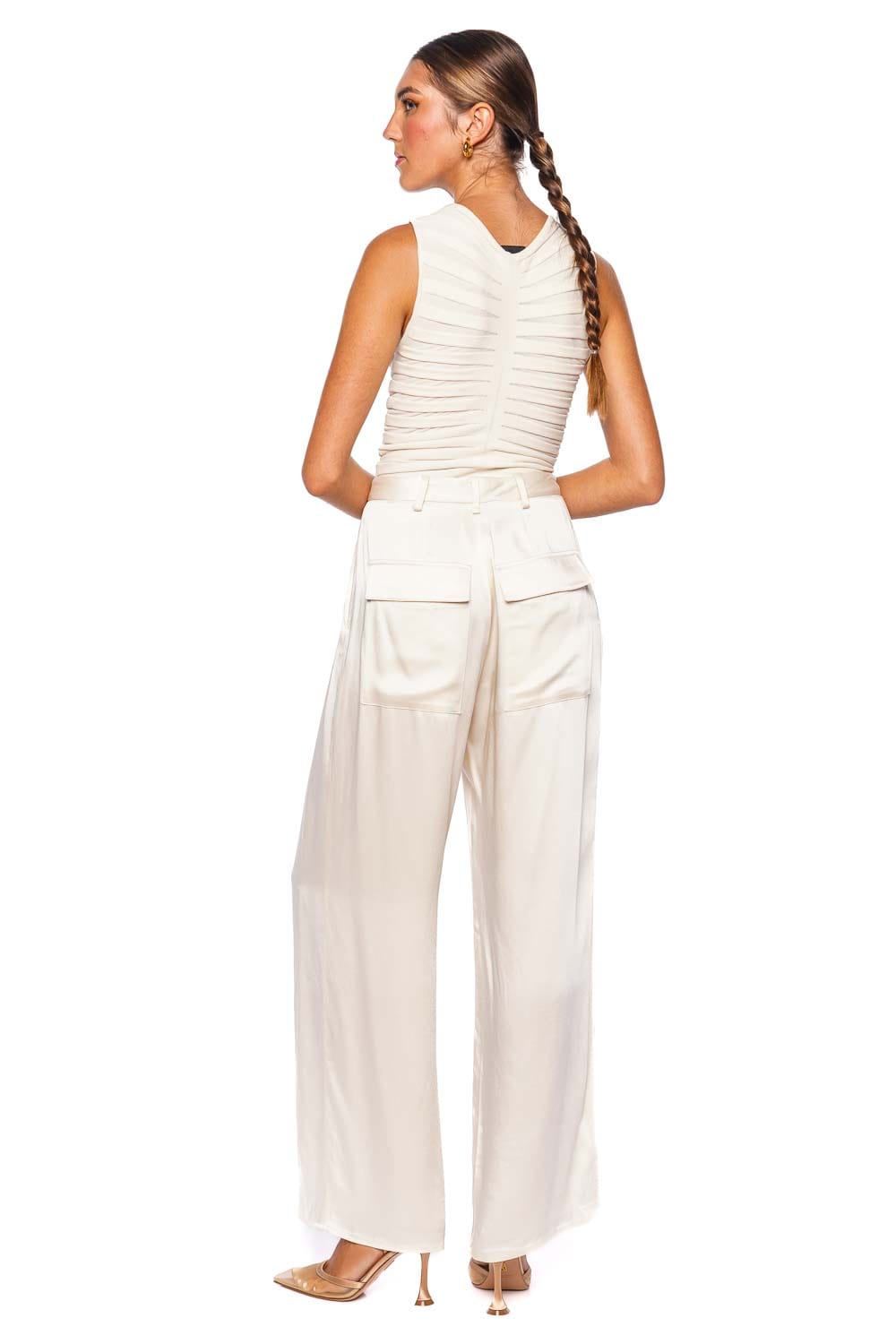 LAPOINTE Cream Satin Relaxed Pleated Pant