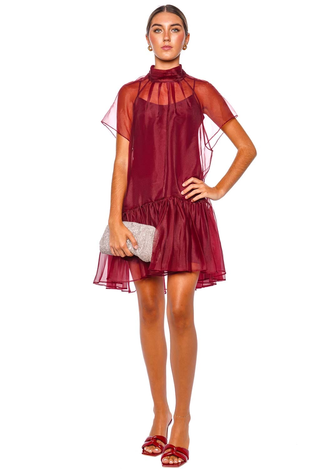 SIMKHAI Beaux Oxblood Tiered Mini Dress