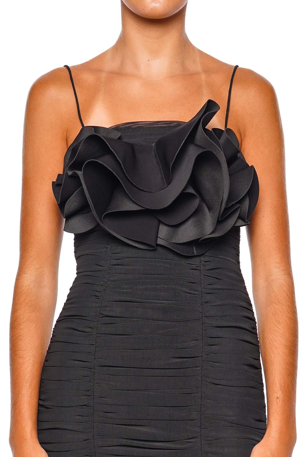 Acler Walsworth Black Ruched Frill Midi Dress