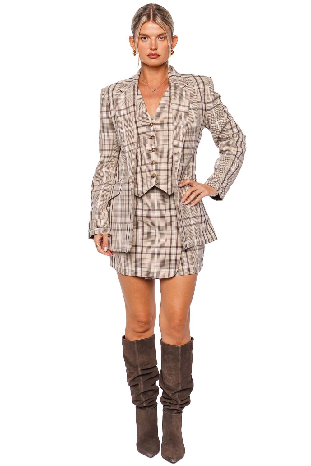 SIMKHAI Lillie Sand Plaid Single Breasted Blazer