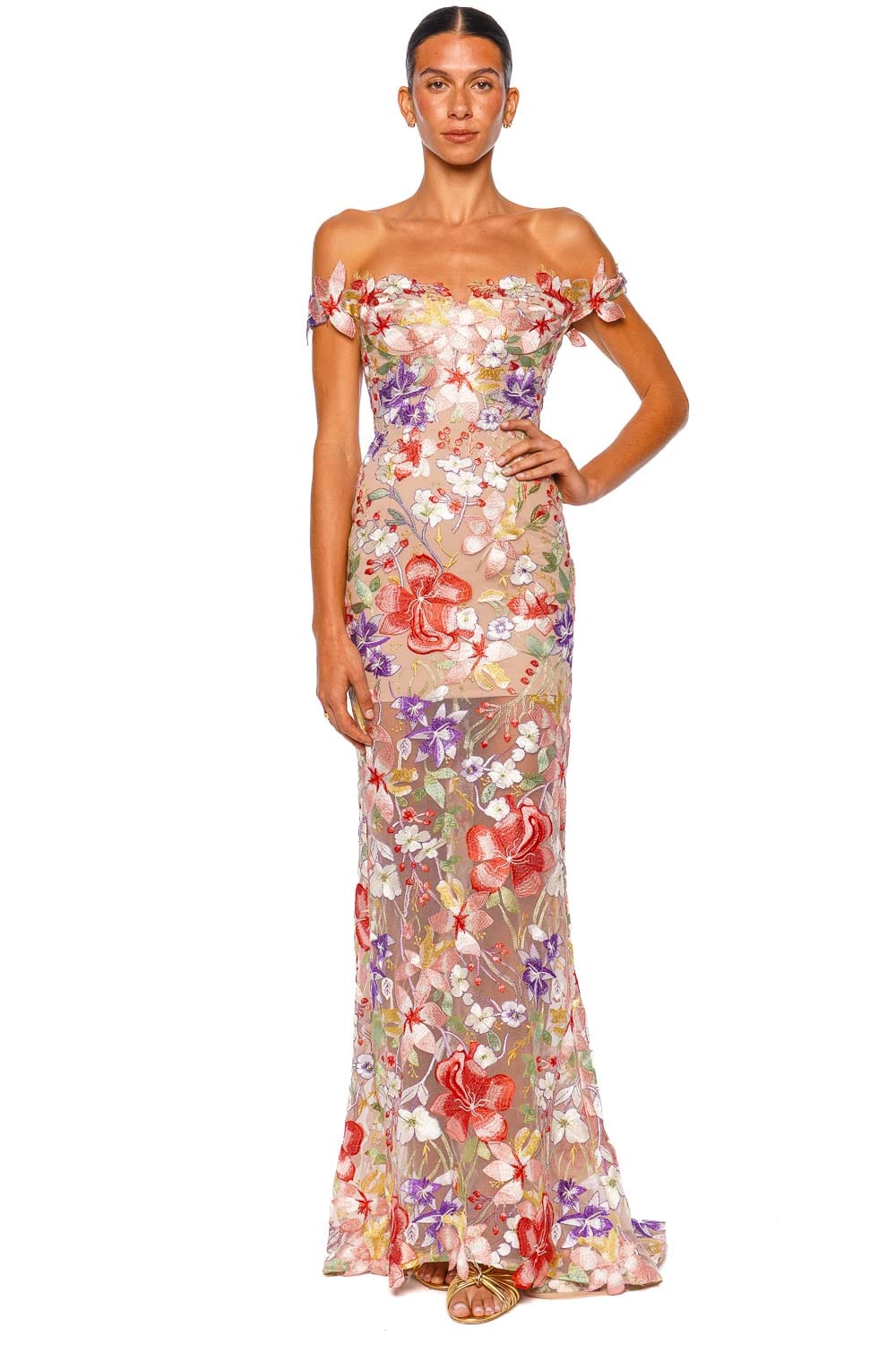 Bronx and Banco Flora 3D Coral Applique Off Shoulder Gown