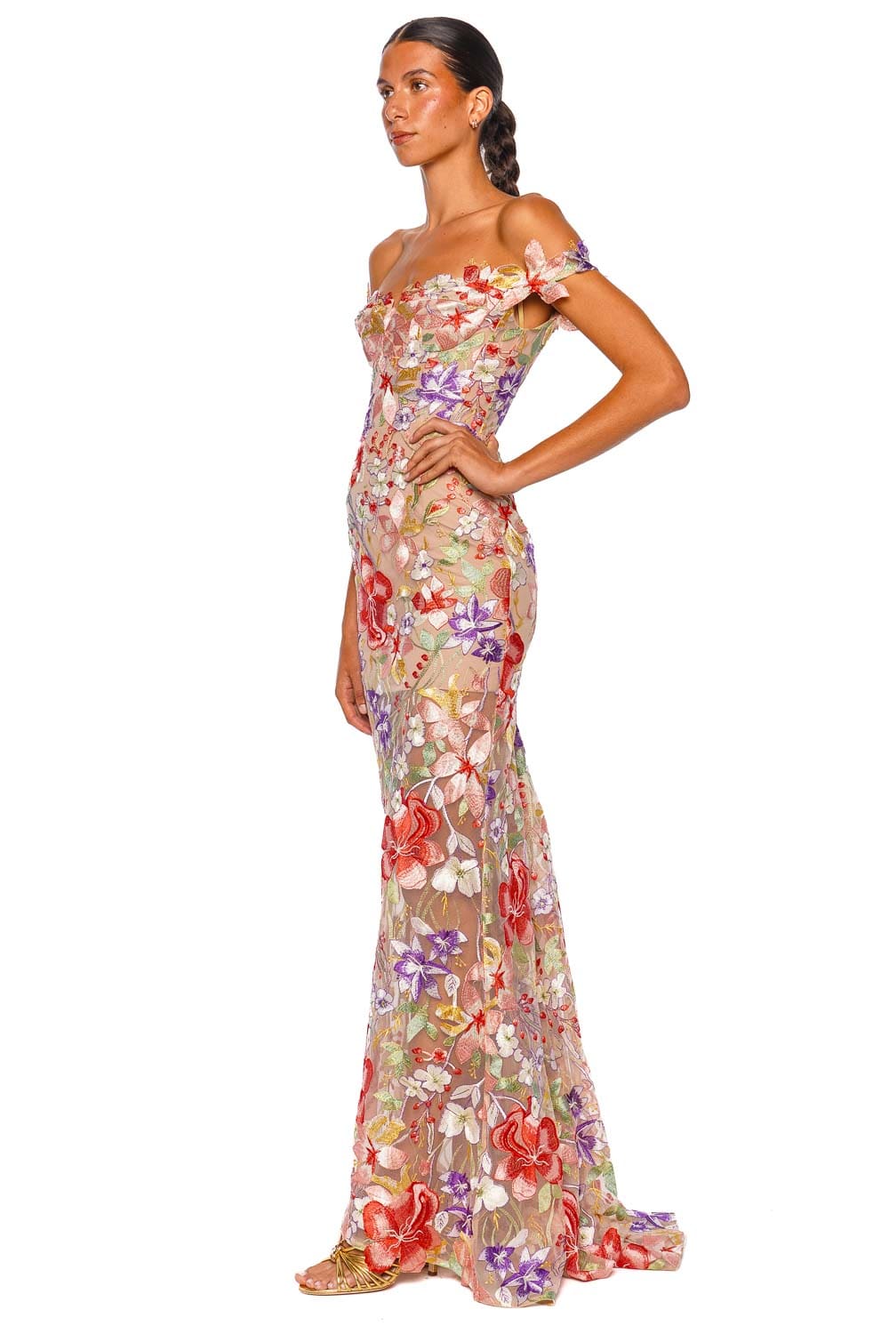 Bronx and Banco Flora 3D Coral Applique Off Shoulder Gown