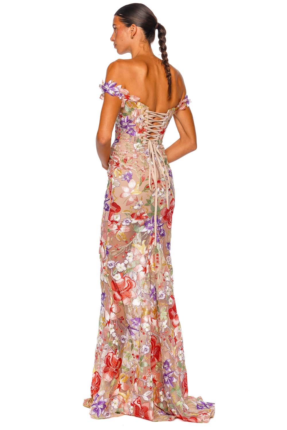 Bronx and Banco Flora 3D Coral Applique Off Shoulder Gown