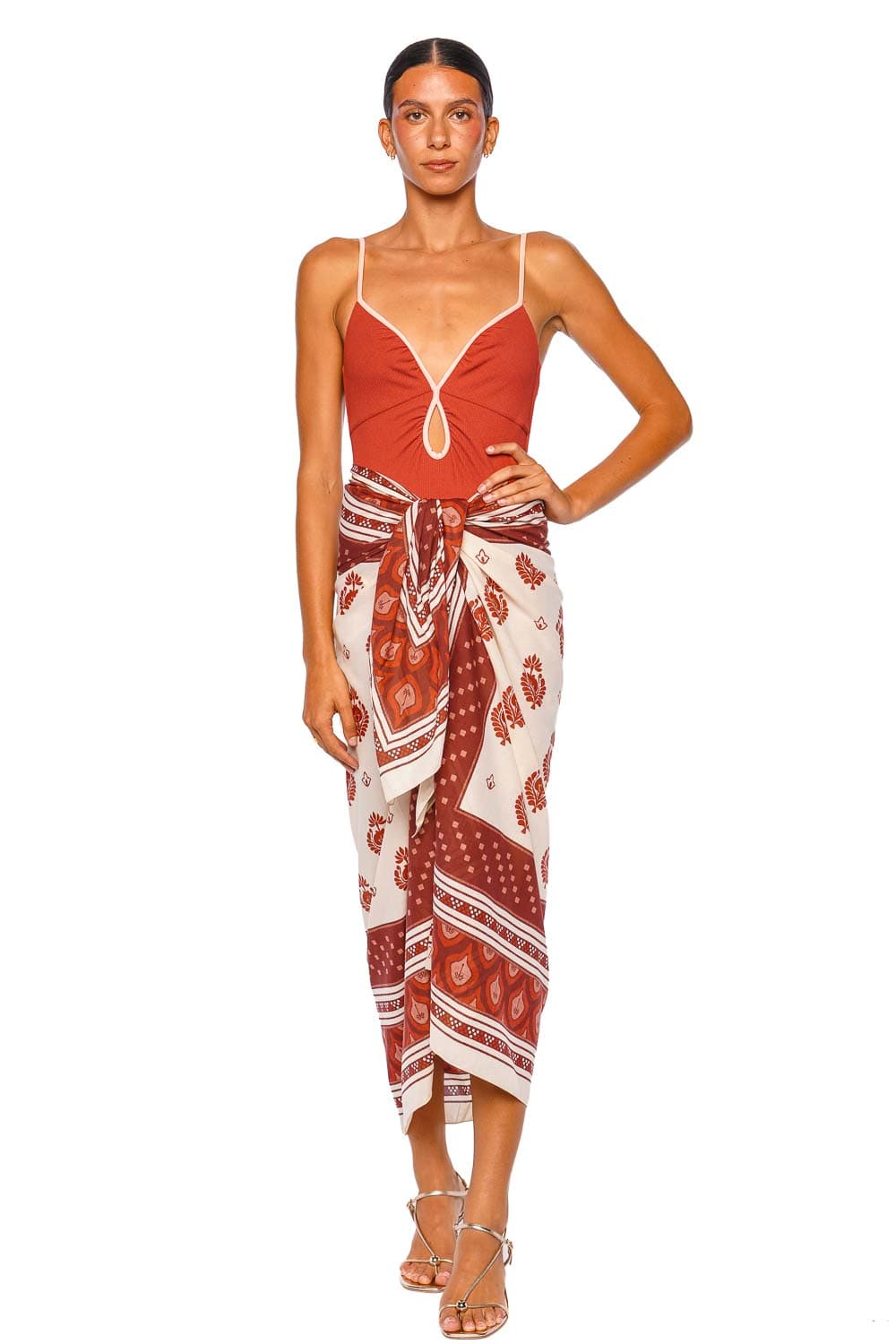 Johanna Ortiz Spirit Of The Rider Ecru Wine Red Printed Pareo Skirt