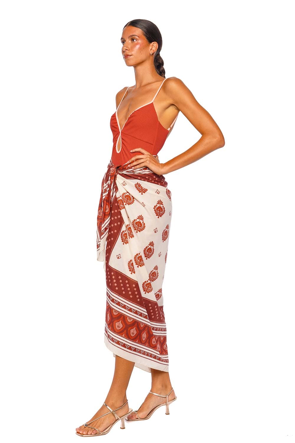 Johanna Ortiz Spirit Of The Rider Ecru Wine Red Printed Pareo Skirt
