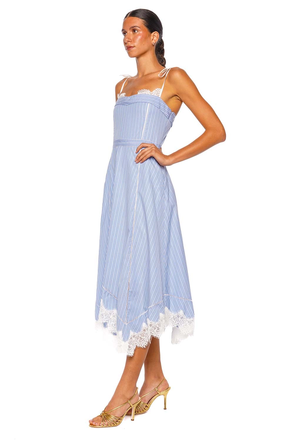 SIMKHAI Avaleigh Oxford Striped Lace Trim Midi Dress