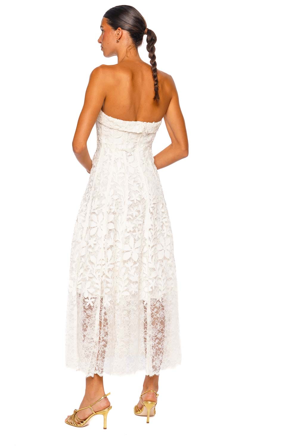 SIMKHAI Imogen White Lace Strapless Bustier Midi Dress