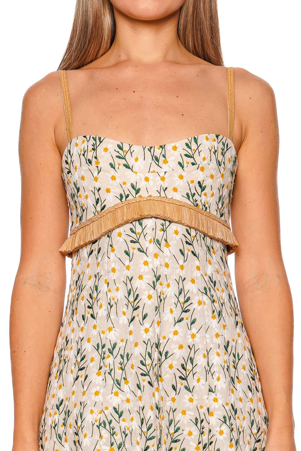 CLEA Salvador Daisy Meadow Raffia Fringe Midi Dress