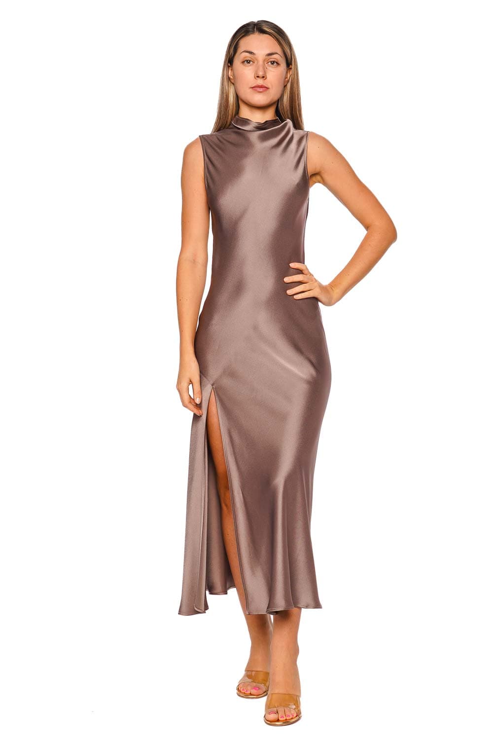 LAPOINTE Cinder Satin Drape Neck Sleeveless Midi Dress