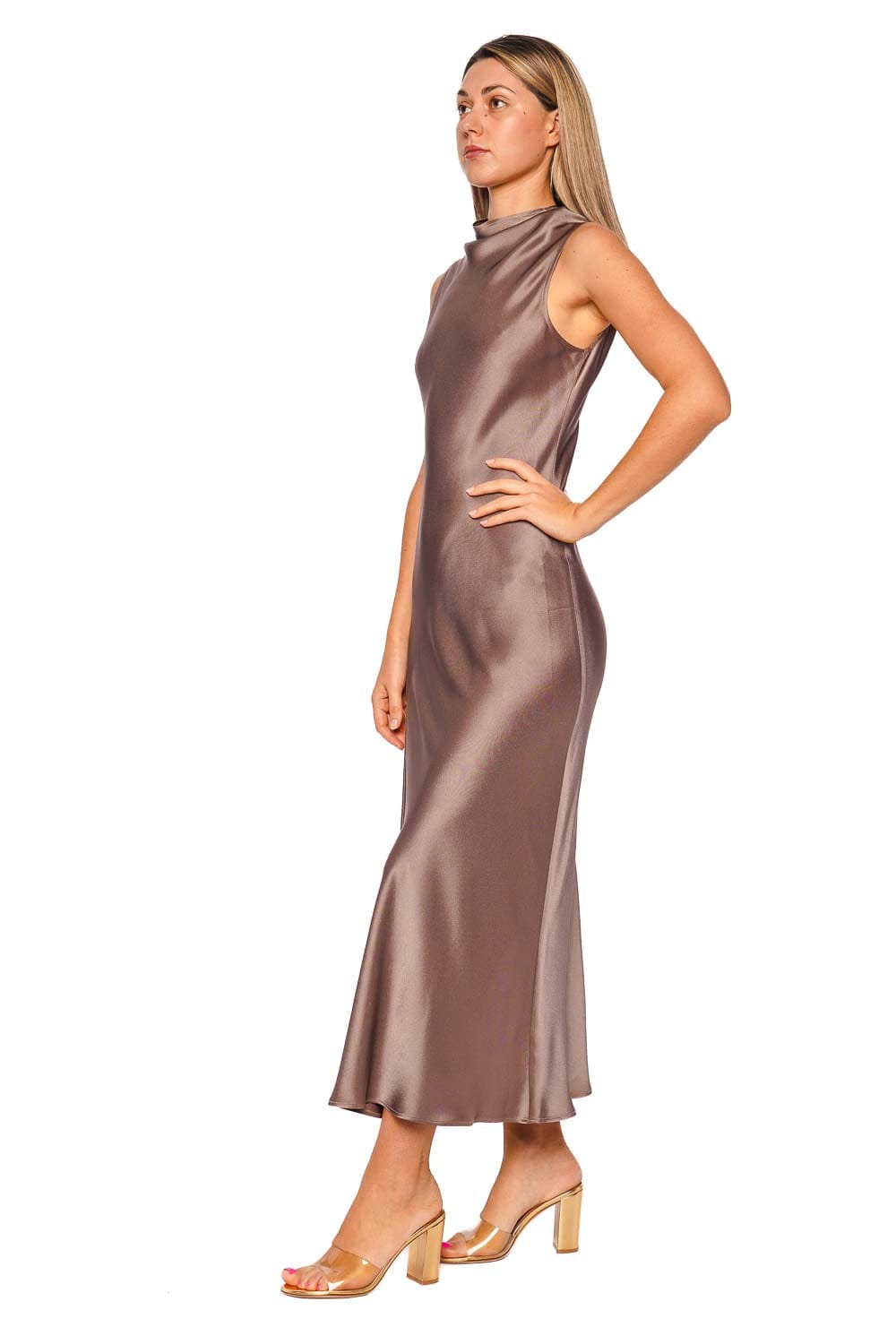 LAPOINTE Cinder Satin Drape Neck Sleeveless Midi Dress