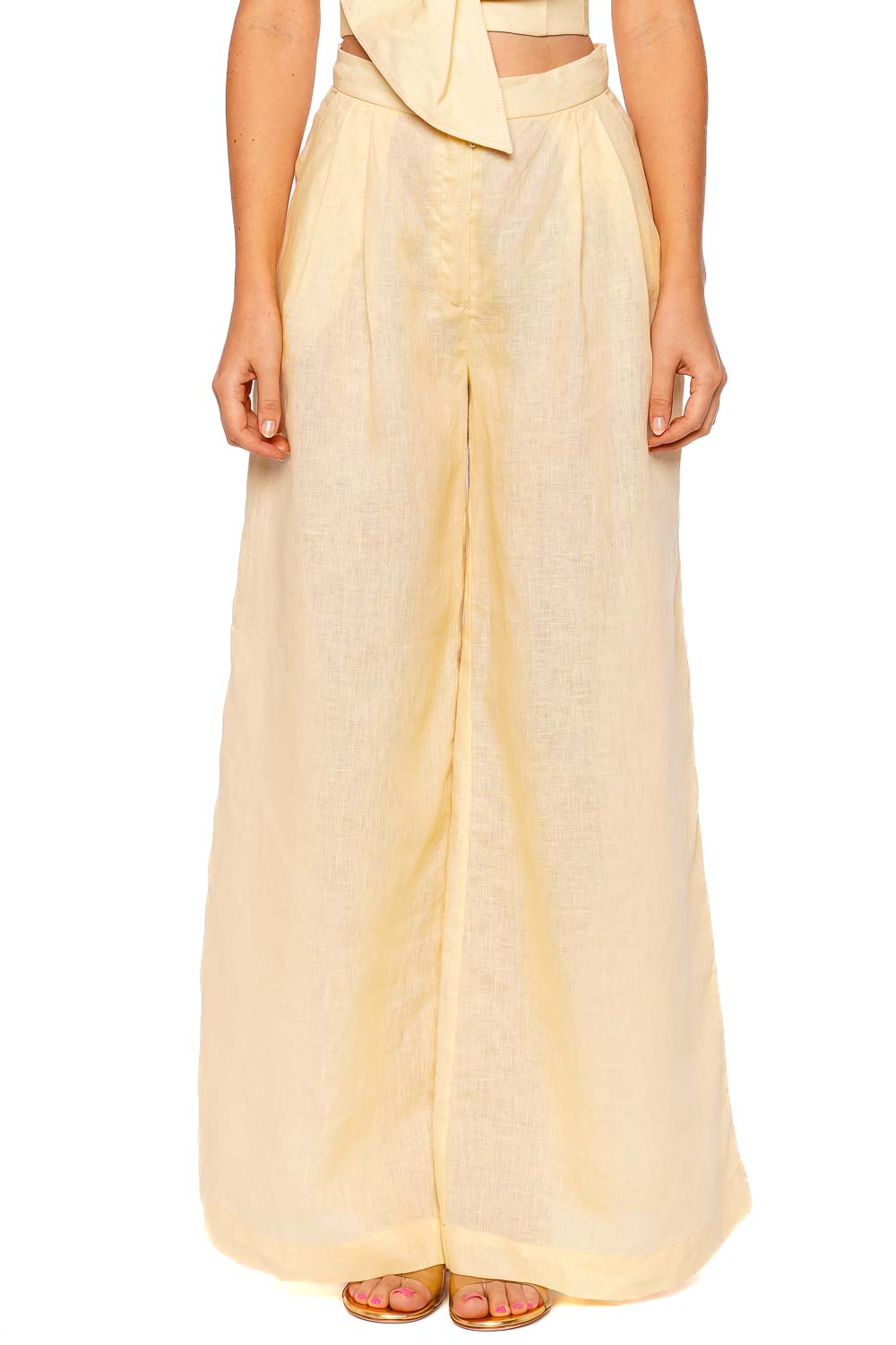 Andres Otalora Synde Butter Yellow Strapless Top with Wide-Leg Trousers