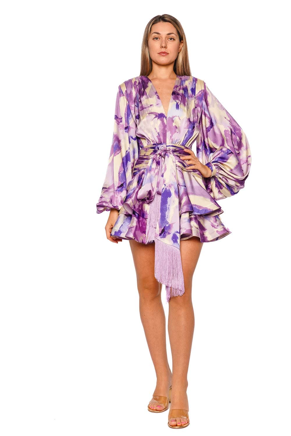 Bronx and Banco Wisteria Bedouin Ruffled Satin Mini Dress