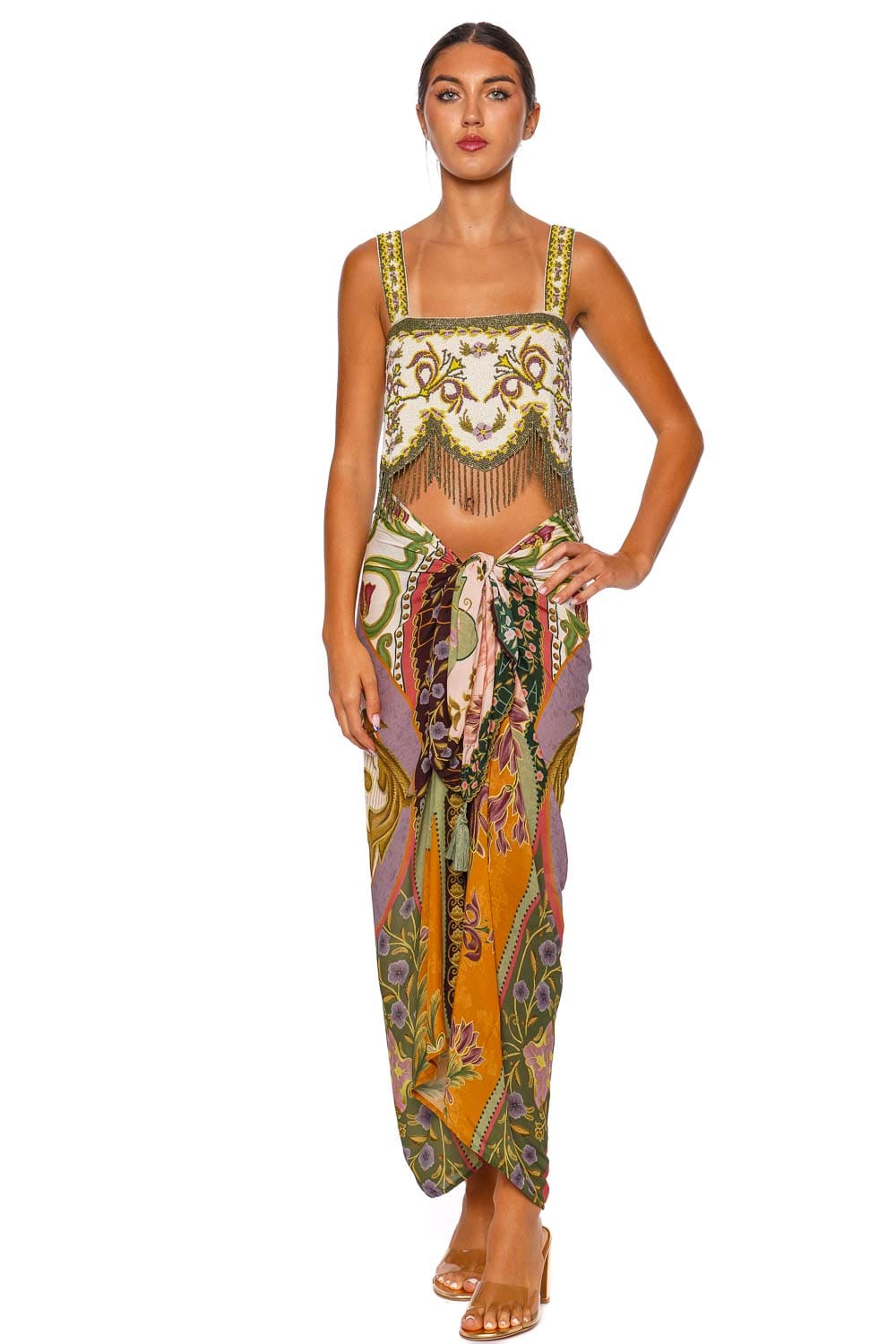 Agua Bendita Aida Aura Beaded Fringe Crop Top
