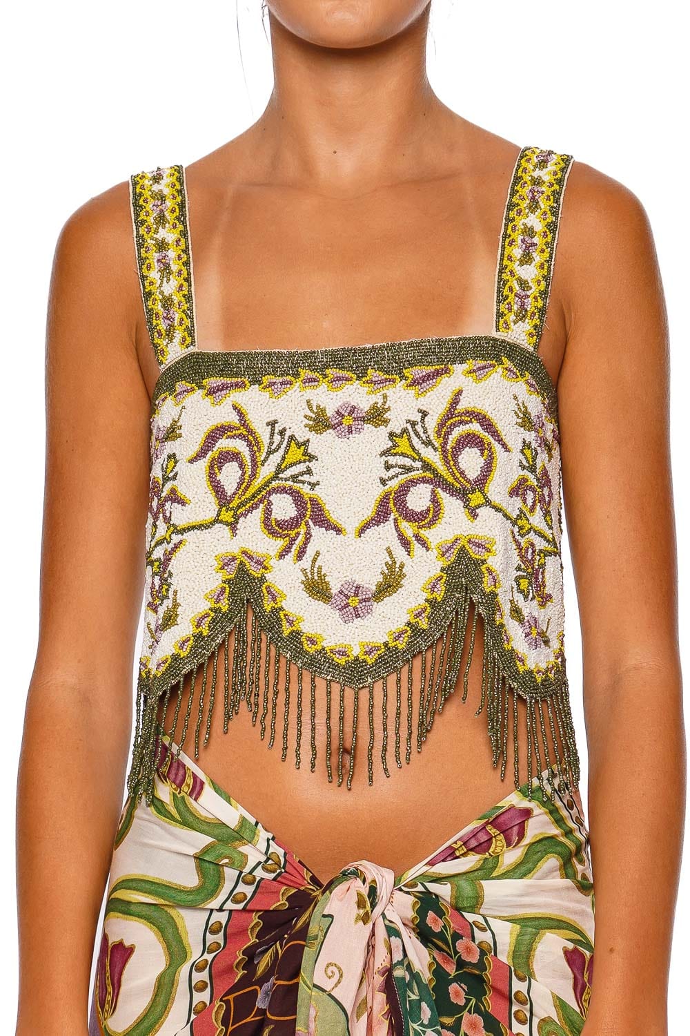 Agua Bendita Aida Aura Beaded Fringe Crop Top