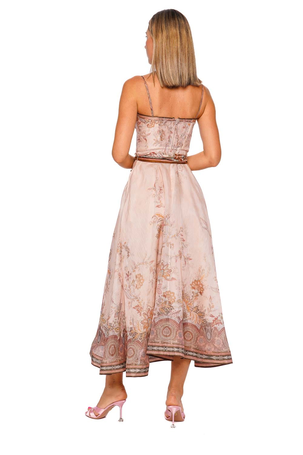 ZIMMERMANN Alchemy Pink Paisley Structured Midi Dress with Spaghetti Straps