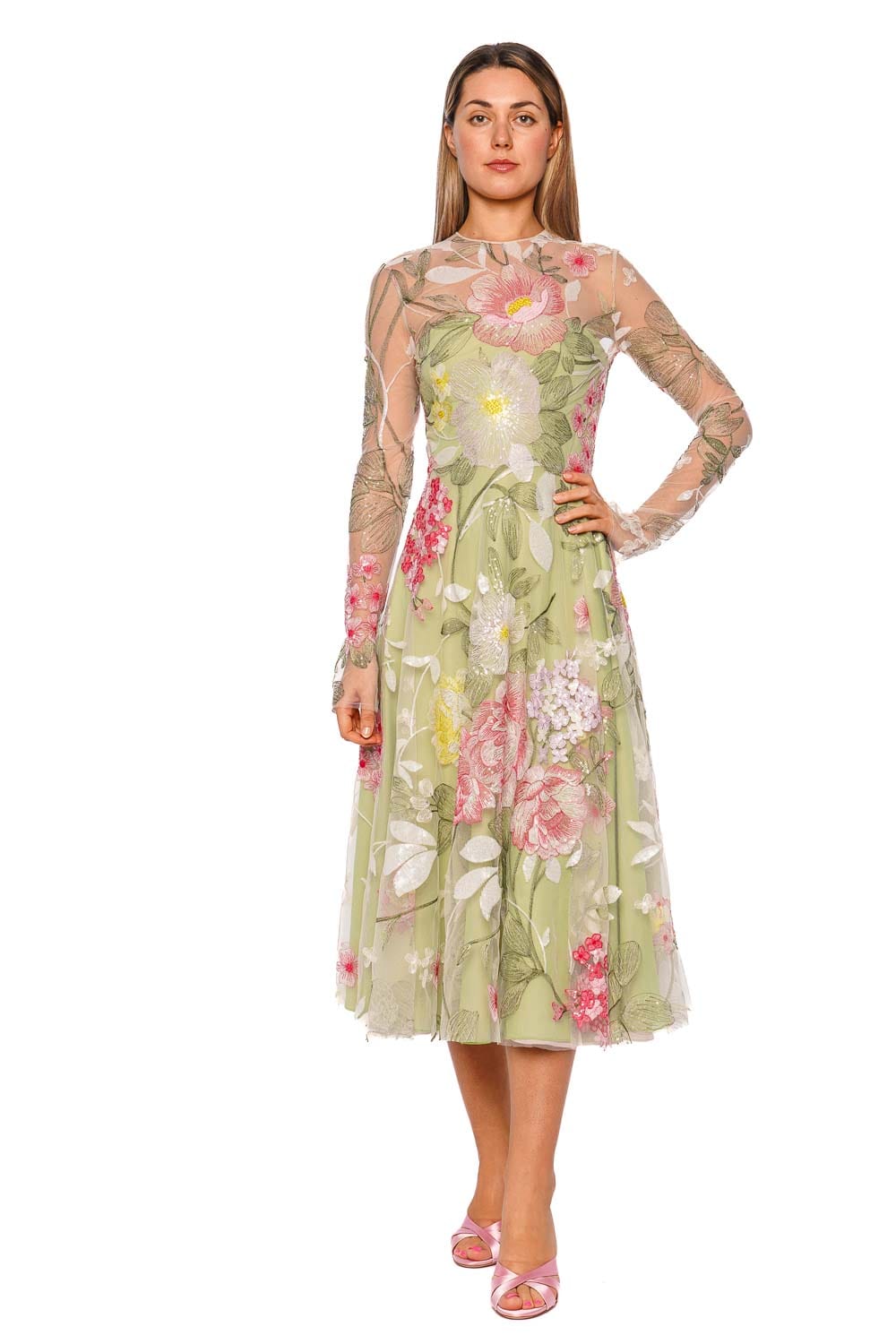 Naeem Khan Sequin Floral Long Sleeve Illusion Cocktail Dress