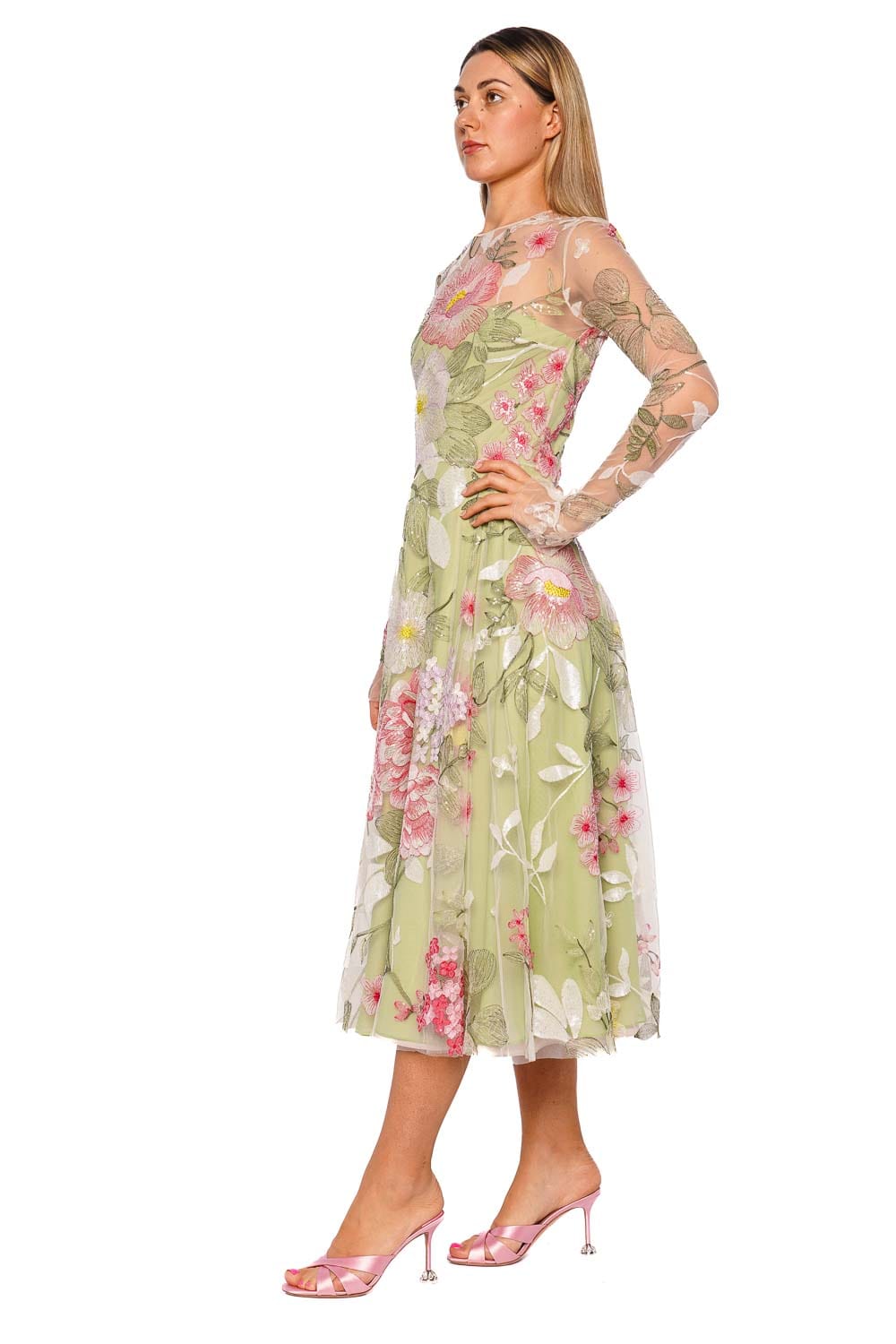 Naeem Khan Sequin Floral Long Sleeve Illusion Cocktail Dress