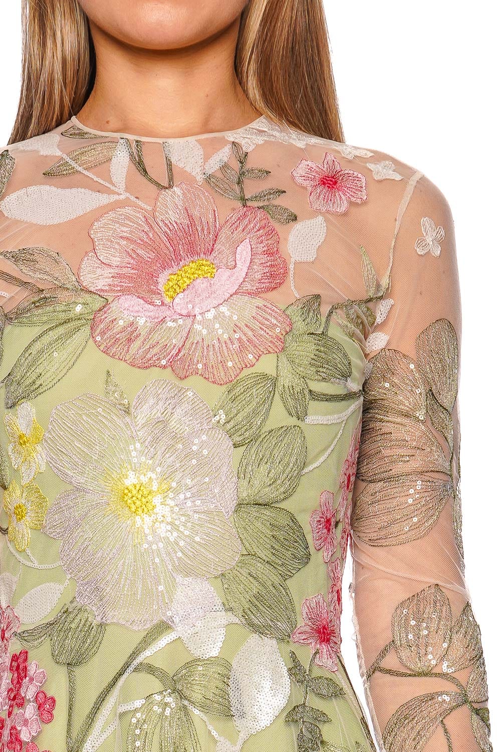 Naeem Khan Sequin Floral Long Sleeve Illusion Cocktail Dress