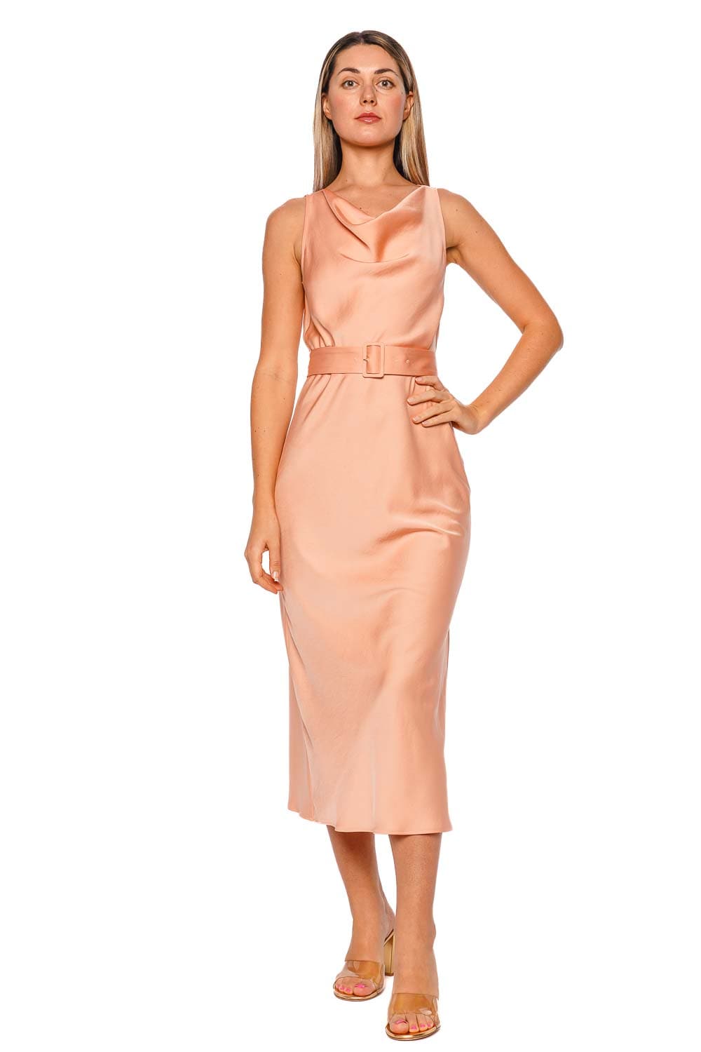 LAPOINTE Dune Sleeveless Satin Belted Midi Dress