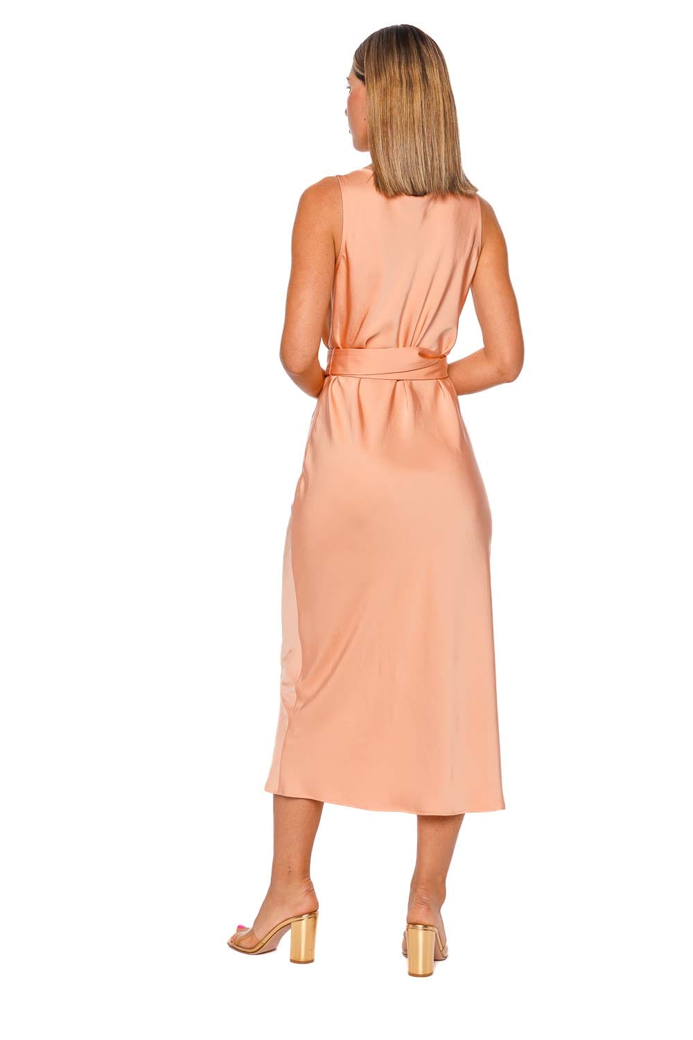 LAPOINTE Dune Sleeveless Satin Belted Midi Dress