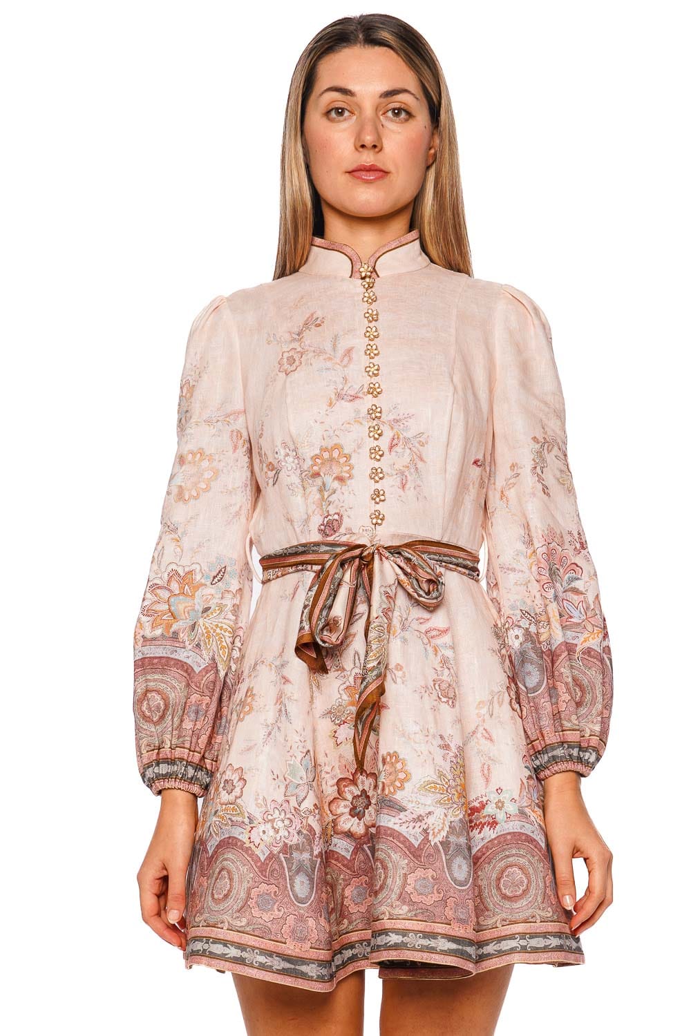 ZIMMERMANN Pink Paisley Long Sleeve Button Mini Dress