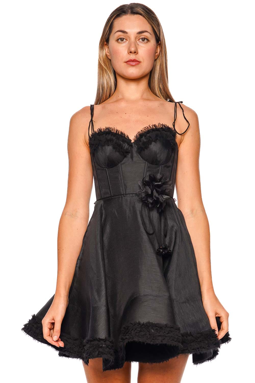 ZIMMERMANN Luna Black Ruffle Corset Mini Dress