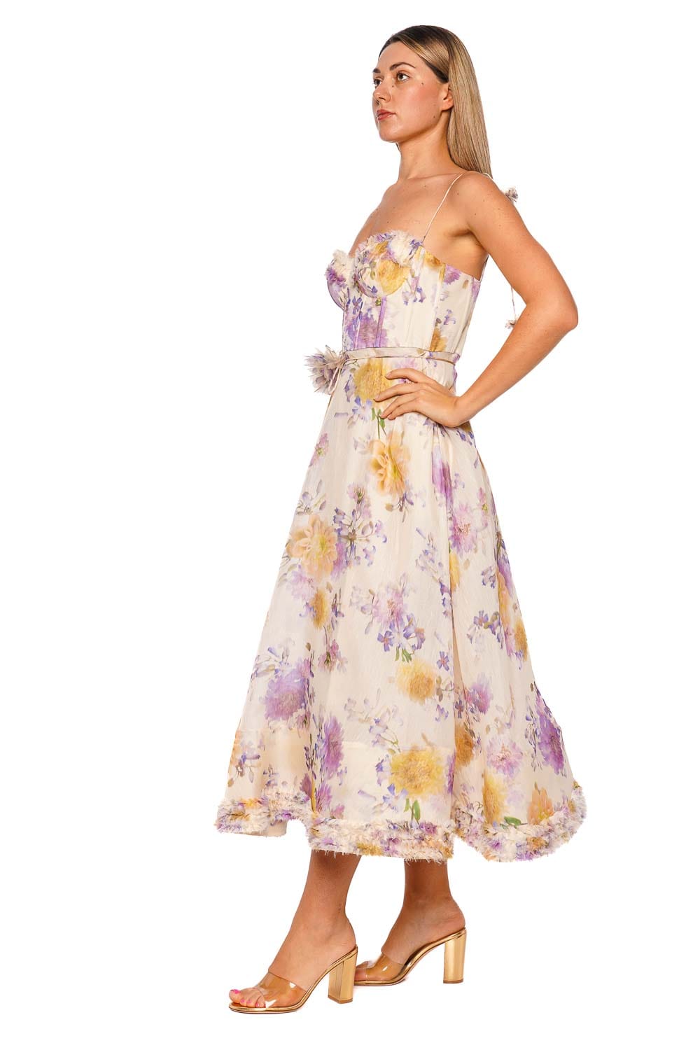 ZIMMERMANN Luna Cream Dahlia Ruffle Corset Midi Dress