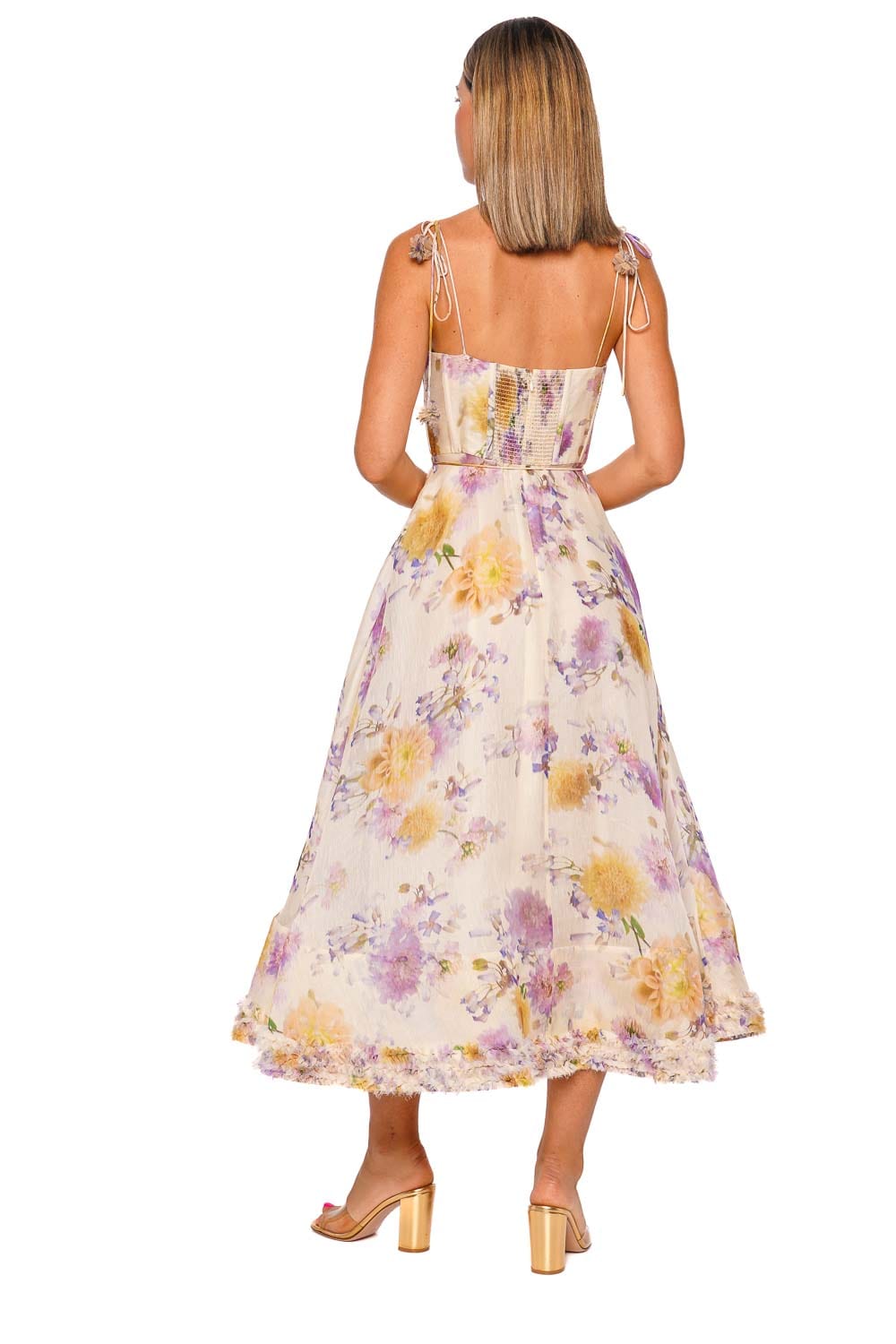 Zimmermann フリルショルダー ワンピース クリームフローラル 花　0 Luna Cream Dahlia Ruffle Corset Midi Dress