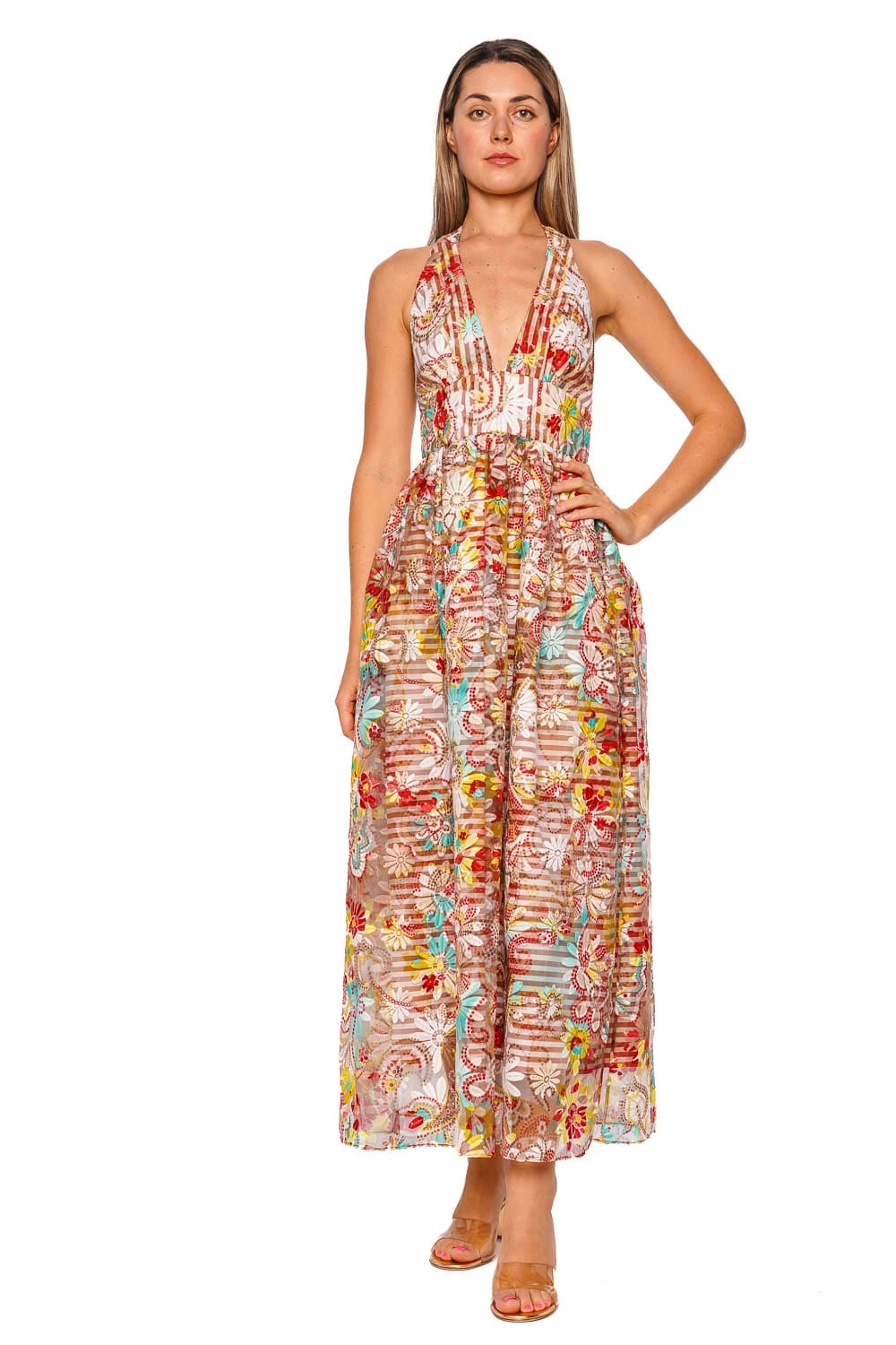 Silvia Tcherassi Kairi Flower Embroidered Halter Maxi Dress