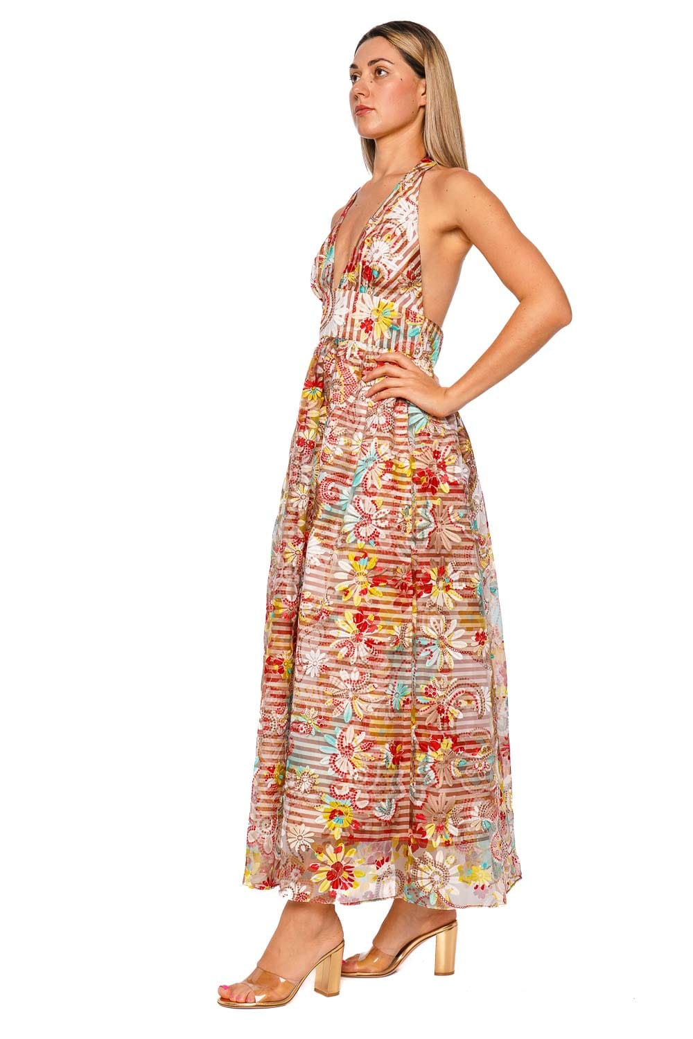 Silvia Tcherassi Kairi Flower Embroidered Halter Maxi Dress