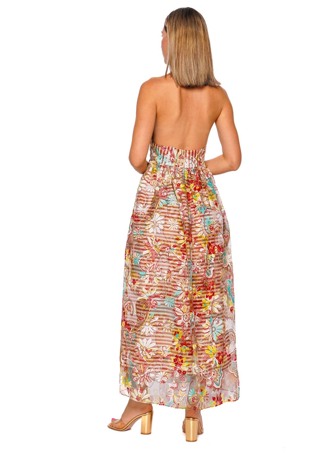 Silvia Tcherassi Kairi Flower Embroidered Halter Maxi Dress
