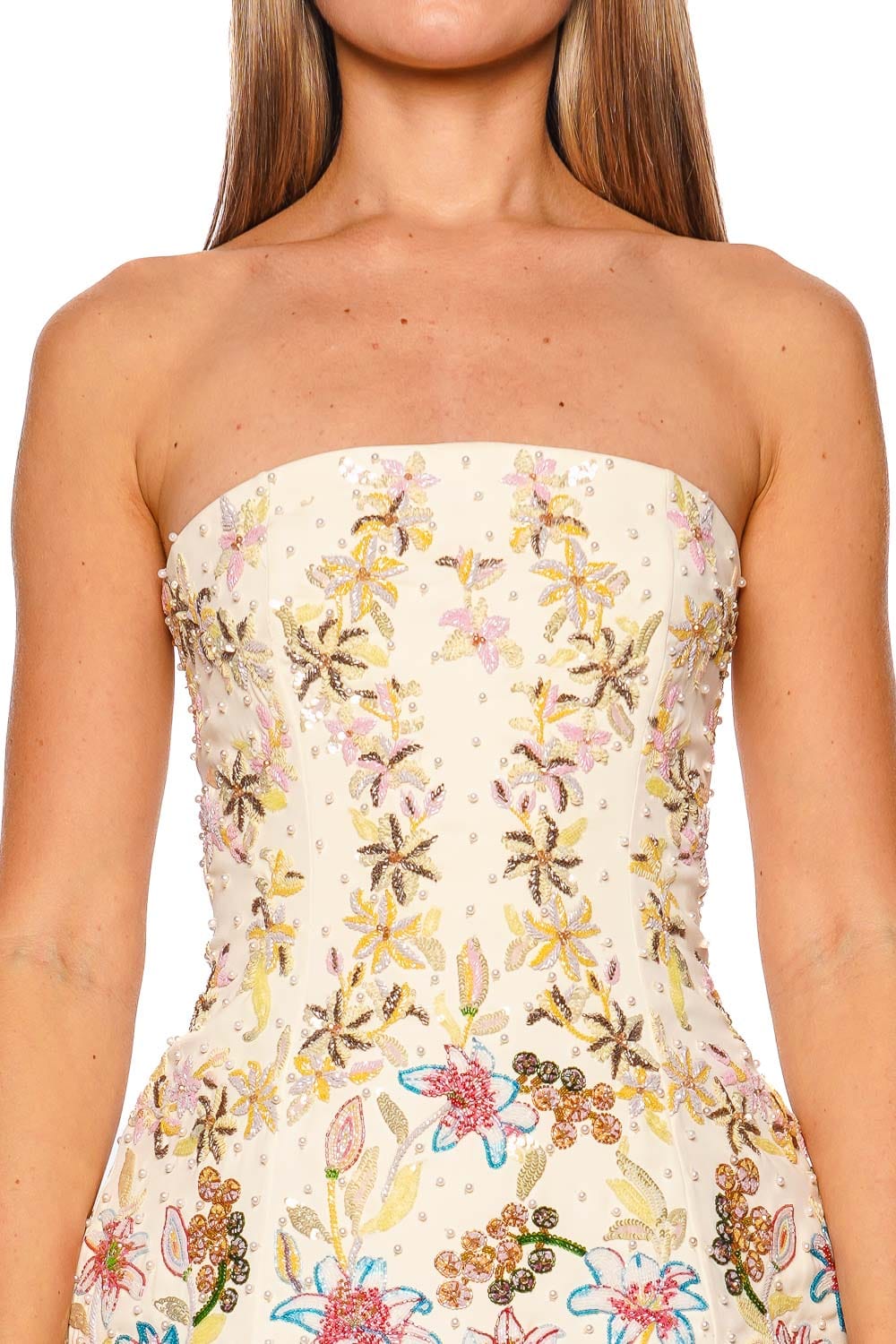 LA FUORI Solar Petal Embroidered Strapless Mini Dress