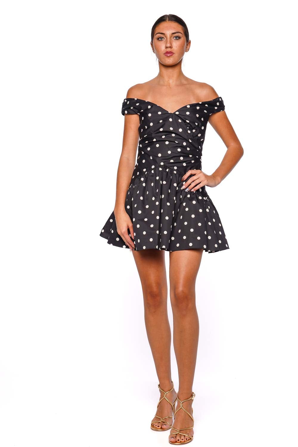 self-portrait Black Polka Dot Off Shoulder Cotton Mini Dress