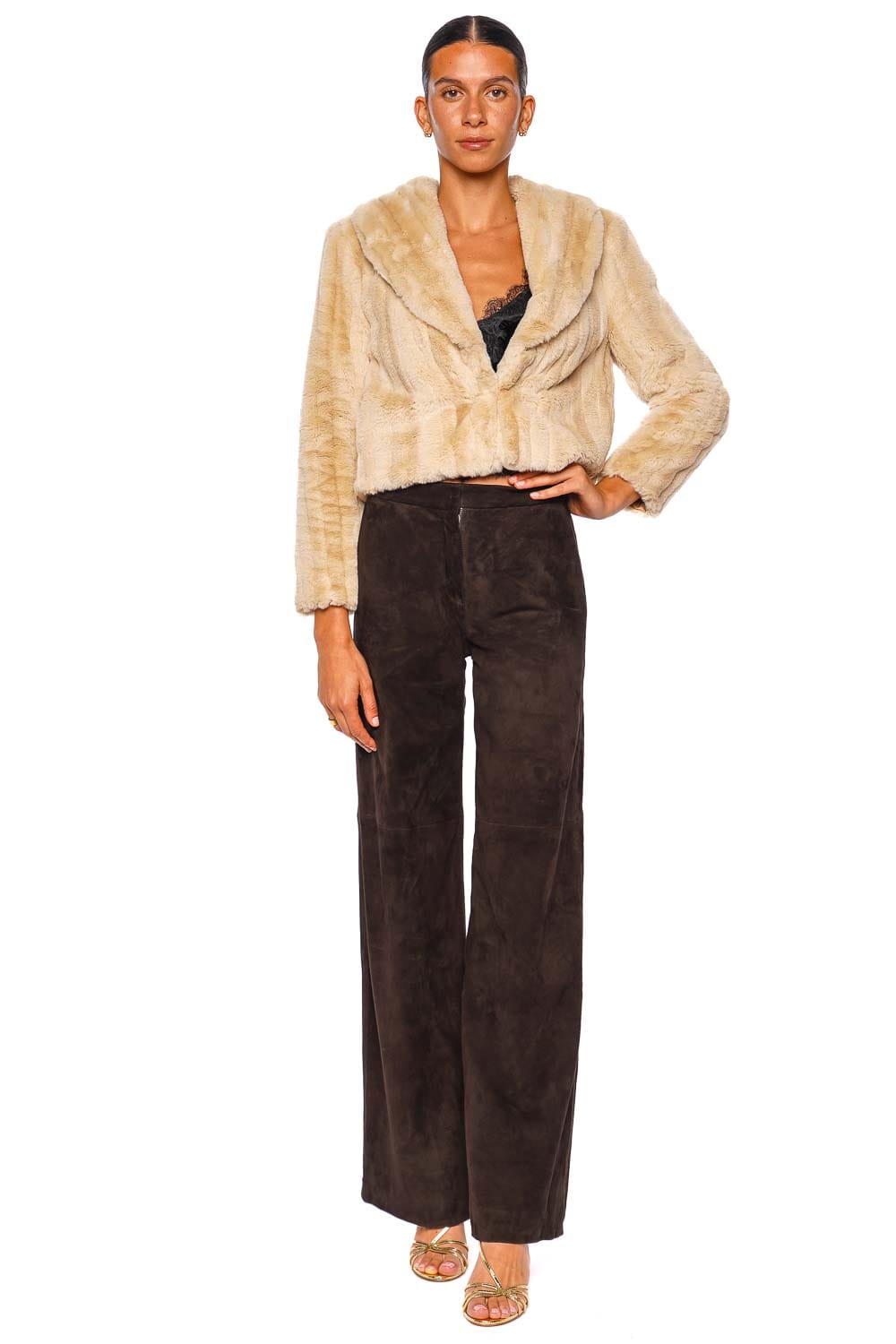 L'AGENCE Davy Crop Jacket Latte Long Sleeve Faux Fur Jacket