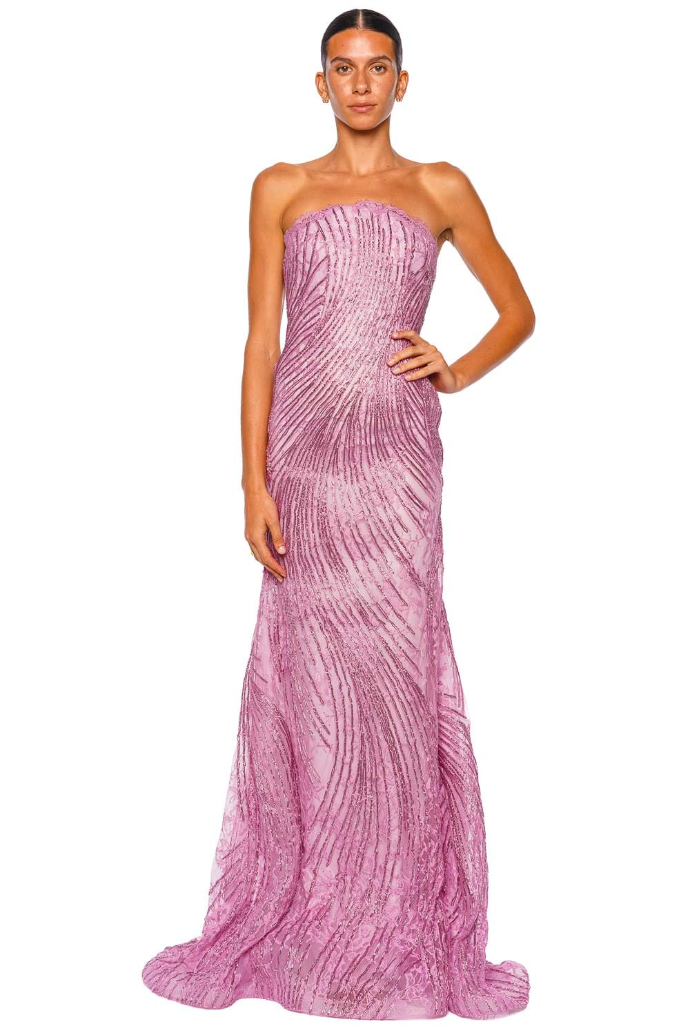 Naeem Khan Pink Metallic Raffia Lace Fit and Flare Gown