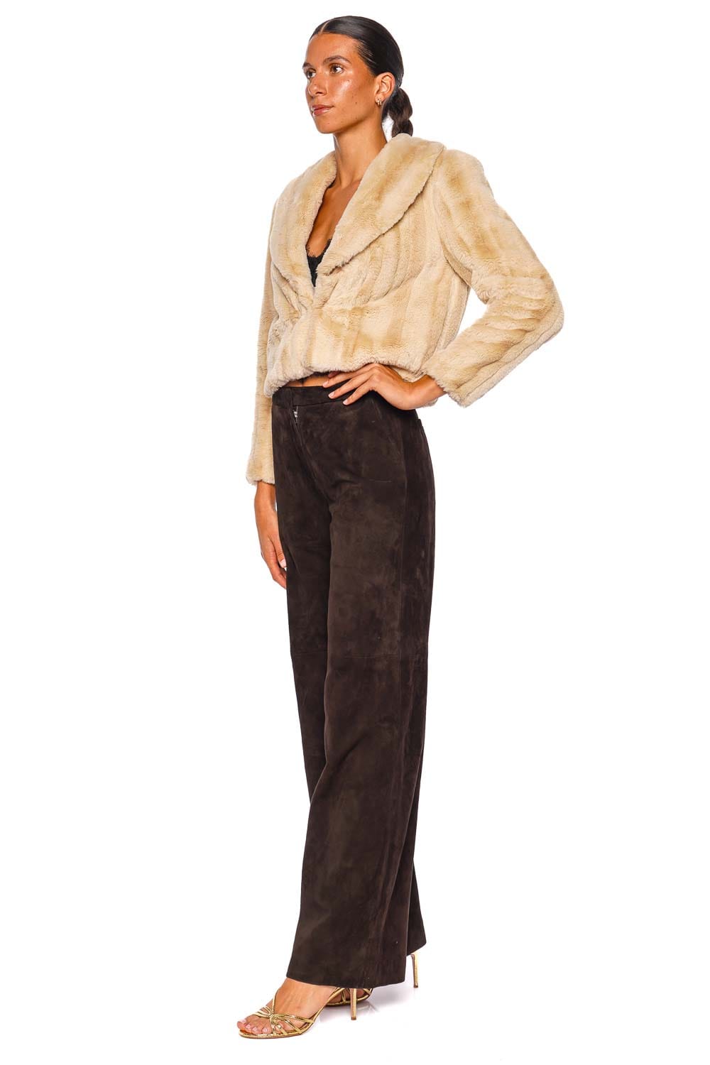 L'AGENCE Davy Crop Jacket Latte Long Sleeve Faux Fur Jacket