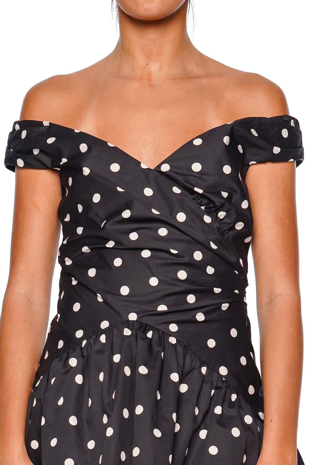 self-portrait Black Polka Dot Off Shoulder Cotton Mini Dress