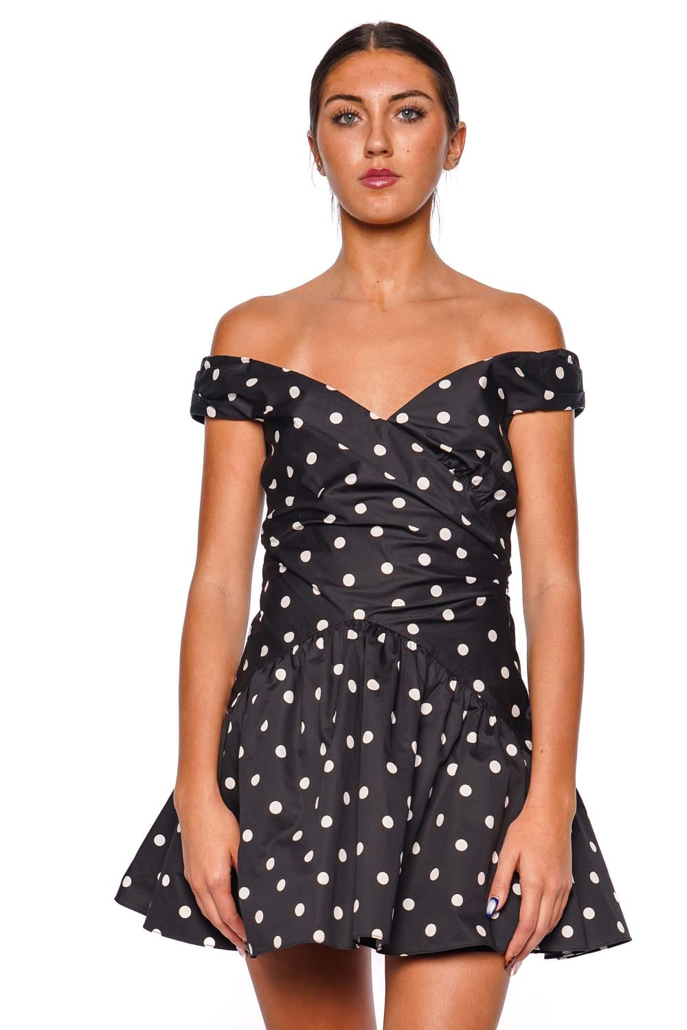 self-portrait Black Polka Dot Off Shoulder Cotton Mini Dress